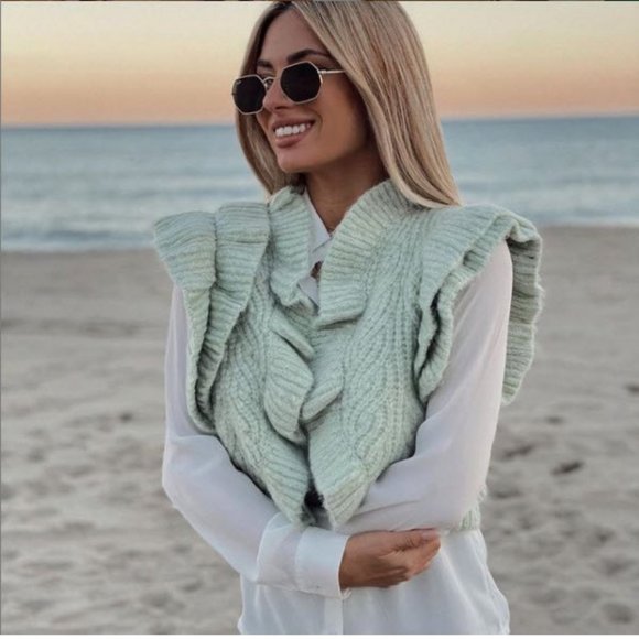 NWT ZARA KNITTED RUFFLED VEST SMALL CROPPED CARDIGAN MINT PASTEL GREEN - Picture 6 of 6